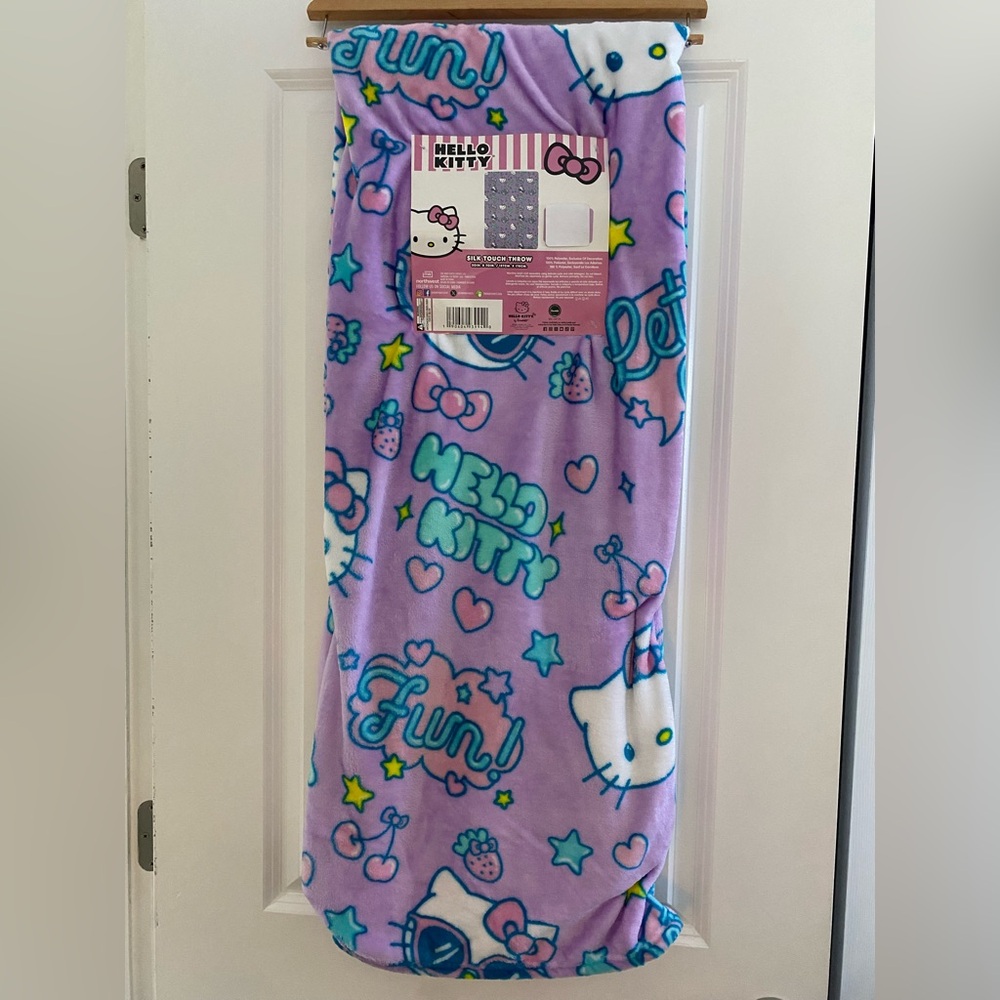 Sanrio Hello Kitty Purple Blanket With Bubble Letters Saying Fun & Let’s Go NEW
